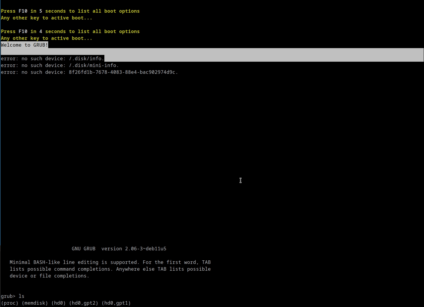 Screenshot of modern grub running on the NAS