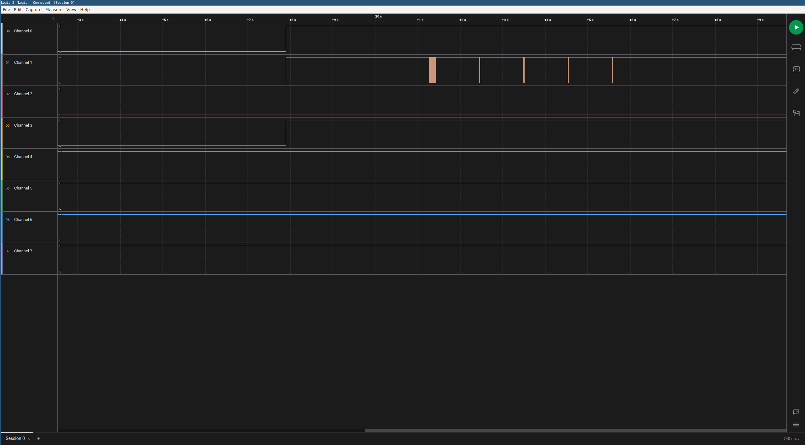 Screenshot of logic analyzer software showing data on one of the pins
