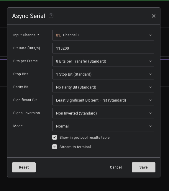Settings of a serial decoder plugin in the logic analyzer software